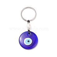 Handmade Lampwork Blue Evil Eye Keychain Key Ring, Natural Pearl Bead Lucky Eyes Charm for Good Luck and Protection, Flat Round, 7.2cm, Pendant: 30x5.5mm(KEYC-JKC00385-02)