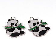 Alloy Enamel Pendants, Lead Free and Cadmium Free, Panda, Platinum Color, Black and White, Size: about 30mm long, 25mm wide, 2mm thick, hole: 3mm(ENAM-P109-1)
