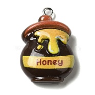 Bee Theme Opaque Resin Pendants, with Platinum Tone Iron Loops, Coconut Brown, Honey Jar, 28x18.5x8.5mm, Hole: 2mm(RESI-G081-03D)