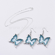 Glass Dangle Earring & Pendant Necklace Jewelry Sets, with Silver Plated Brass Cable Chain, Rack Plating Alloy Open Back Bezel Pendants and Brass Earring Hooks, Butterfly, Blue, 17.99 inch(45.7cm), 55mm, Pin: 0.6mm(SJEW-JS01076-04)