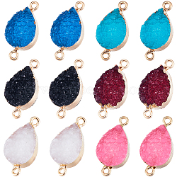 12Pcs 6 Colors Druzy Quartz Crystal Dyed Connector Charms, Teardrop Links, with Golden Plated Alloy Findings, Mixed Color, 28x13x5mm, Hole: 1.8~2mm, 2pcs/color(FIND-SC0005-33)