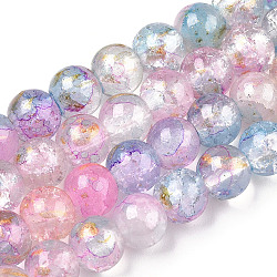 Baking Painted Crackle Glass Bead Strands, with Gold Powder, Round, Pink, 6mm, Hole: 1.2mm, about 147pcs/strand, 31.10 inch(79cm)(DGLA-R053-04I)