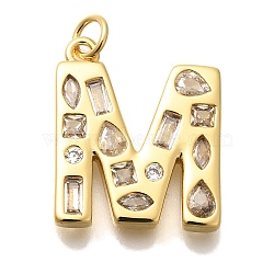 Brass Micro Pave Clear Cubic Zirconia Pendants, with Jump Ring, Lead Free and Cadmium Free, Long-Lasting Plated, Rack Plating, Letter Charms, Real 18K Gold Plated, Letter M, 20.5x17x2.7mm, jump ring: 5x1mm, 3mm inner diameter.(KK-G521-01G-M)