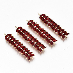 Brass Micro Pave Cubic Zirconia Links Connectors, Light Gold, Long-Lasting Plated, Cadmium Free & Lead Free, Leaf, Red, 41x9x3mm, Hole: 1.4mm(KK-S359-074B-RS)