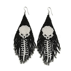 Boho Seed Bead Halloween Skeleton Tassel Earrings, Iron Dangle Earring for Women, Black, 120x40mm(EJEW-Q380-04D)