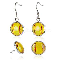 10 Pairs 2 Styles Baseball Stainless Steel Glass Dangle Earring & Stud Earring Sets, Stainless Steel Color, 15.5~36x15.5mm, 5pairs/style(EJEW-ME0001-17)