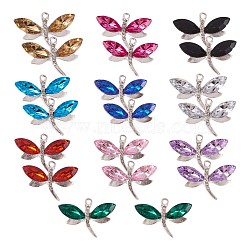 40Pcs 10 Colors Alloy Rhinestones Charms, Dragonfly, for Jewelry Making, Platinum, Mixed Color, 21x31mm, Hole: 2mm, 4pcs/color(JX147A)