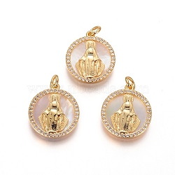 Brass Pendants, with Micro Pave Cubic Zirconia, Shell and Jump Rings, Flat Round with Virgin Mary, Clear, Golden, 18x16x3mm, Hole: 3mm(KK-I656-27G)