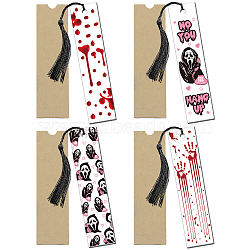 Halloween Theme Acrylic Bookmarks, with Polyester Tassel Decorations, Paper Bags, Mixed Color, Bookmark: 120x28mm, 4pcs/set(OFST-GL0001-01B)