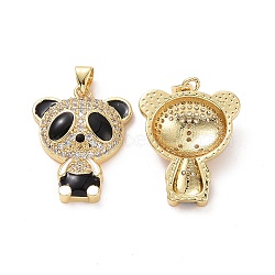 Brass Micro Pave Clear Cubic Zirconia Pendants, with Enamel, Panda Charms, Golden, Black & White, 26x20x5.5mm, Hole: 3.5x4mm(ZIRC-F134-28G-01)
