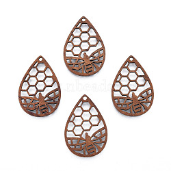Natural Walnut Wood Pendants, Undyed, Hollow Teardrop Charm with Bees, Camel, 36.5x25x2.5mm, Hole: 2mm(WOOD-N011-012)