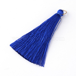 Nylon Thread Tassel Pendants Decoration, with Brass Findings, Golden, Blue, 35x7mm, Hole: 7mm(FIND-Q065-3.5cm-A10)