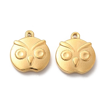 Vacuum Plating 201 Stainless Steel Pendants, Owl Charm, Real 18K Gold Plated, 15x14x3.5mm, Hole: 1mm