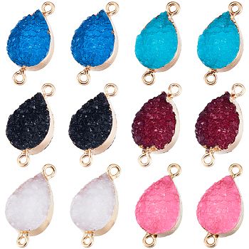 12Pcs 6 Colors Druzy Quartz Crystal Dyed Connector Charms, Teardrop Links, with Golden Plated Alloy Findings, Mixed Color, 28x13x5mm, Hole: 1.8~2mm, 2pcs/color