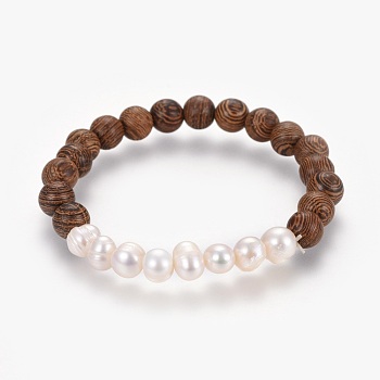 Natural Pearl Stretch Bracelets, with Sandalwood Beads, Saddle Brown, 2-1/4 inch(5.8cm)