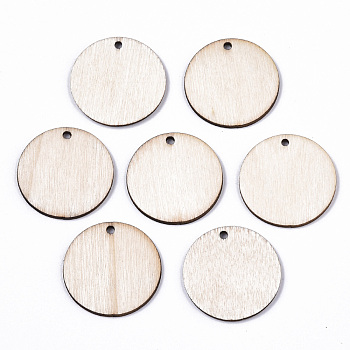 Unfinished Natural Poplar Wood Pendants, Laser Cut Wood Shapes, Undyed, Flat Round, Antique White, 24.5x1.5mm, Hole: 1.6mm