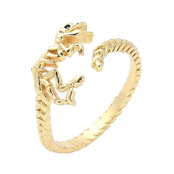 Dinosaur Skeleton Brass Open Cuff Ring for Women, with Enamel, Golden, Inner Diameter: 17mm