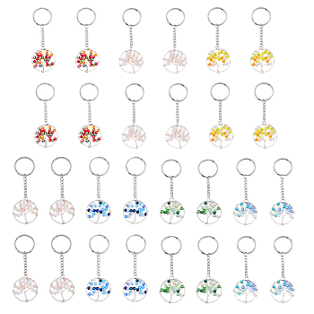 28Pcs 7 Colors Alloy Glass Keychains, with 304 Stainless Steel Split Key Rings, Ring with Tree of Life, Mixed Color, 9.5cm, 4pcs/color