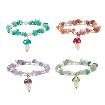 4Pcs 4 Style Natural & Synthetic Mixed Gemstone Chips & Glass Pearl Beaded Stretch Bracelets Set, Lampwork Mushroom Charms Stackable Bracelets for Women, Inner Diameter: 1-7/8 inch(4.8cm), 1Pc/style