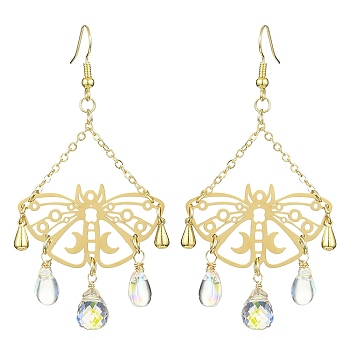 Hollow Butterfly Brass Chandelier Earrings, Glass Long Drop Earrings, Golden, 73x37mm