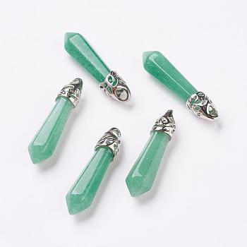 Natural Green Aventurine Pointed Pendants, with Platinum Tone Alloy Findings, Bullet, 33~40x8~9x8~9mm, Hole: 3x4mm