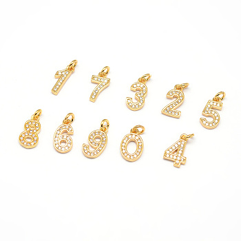 Real 18K Gold Plated Brass Micro Pave Cubic Zirconia Charms, Number 0~9, Cadmium Free & Nickel Free & Lead Free, Mixed, 11x6~7x1.5~2mm, Hole: 2mm