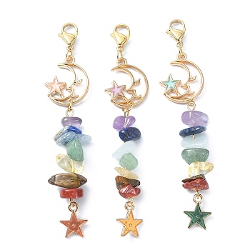 Chakra Natural Gemstone Chip Beaded Pendant Decorations, with Alloy Enamel Charms and 304 Stainless Steel Lobster Claw Clasps, Star and Moon, Mixed Color, 79mm, 3pcs/set