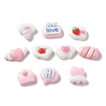 Opaque Resin Cabochons, Heart & Envelope & Word, Mixed Shapes, Pink, 7.5~12.5x8~18x5.5~6mm