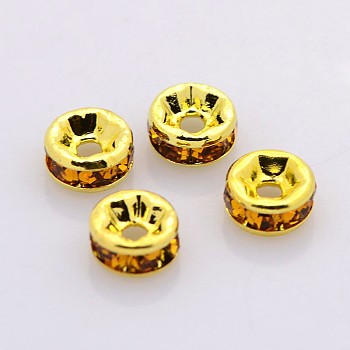 Brass Rhinestone Spacer Beads, Grade A, Straight Flange, Golden Metal Color, Rondelle, Topaz, 6x3mm, Hole: 1mm