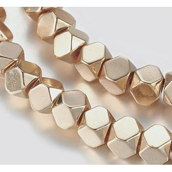 Non-magnetic Synthetic Hematite Beads Strands, Polygon, Light Gold Plated, 4x4x4mm, Hole: 1mm, about 98pcs/strand, 15.7 inch(40cm)