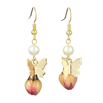 Brass Butterfly Dangle Earrings, Natural Shell Pearl & Dried Real Rose Flower Long Drop Earrings, Golden, 50x11mm