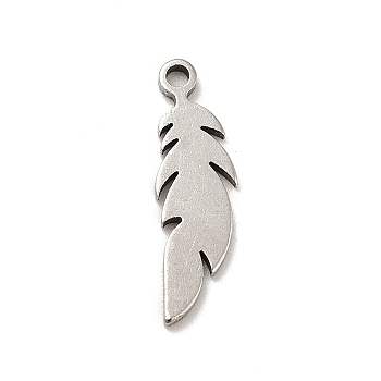201 Stainless Steel Pendants, Feather Charms, Stainless Steel Color, 16x5x1mm, Hole: 1.2mm