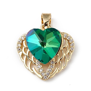 Real 18K Gold Plated Rack Plating Brass Micro Pave Clear Cubic Zirconia Pendants, with Glass, Long-Lasting Plated, Cadmium Free & Lead Free, Heart Charm, Dark Green, 19x19x8mm, Hole: 5x3mm