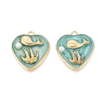 Rack Plating Alloy Enamel and ABS Imitation Pearl Pendants, Heart with Whale Charms, Golden, Cadmium Free & Nickel Free & Lead Free, Cadet Blue, 25.5x23x4.5mm, Hole: 2mm