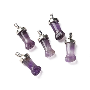 Natural Amethyst Pendants, Figa Hand Charms, with Platinum Tone Brass Findings, 19~24x9~10x6mm, Hole: 4X7mm