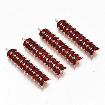 Brass Micro Pave Cubic Zirconia Links Connectors, Light Gold, Long-Lasting Plated, Cadmium Free & Lead Free, Leaf, Red, 41x9x3mm, Hole: 1.4mm