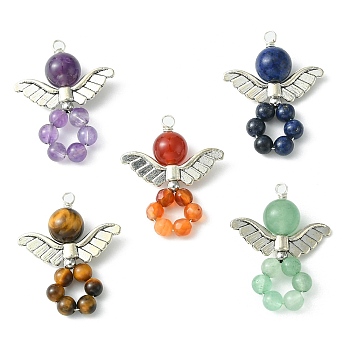 Natural Gemstone Pendants, with Wing Tibetan Style Alloy Beads, Angel Charm, 28~30x23x8mm, Hole: 2mm, 5pcs/set