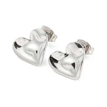304 Stainless Steel Stud Earrings, Hammered Heart, Stainless Steel Color, 12x13mm