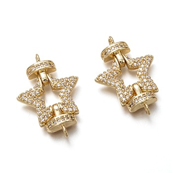 Brass Micro Pave Clear Cubic Zirconia Links Connectors, Long-Lasting Plated, Star, Real 18K Gold Plated, 21x32x4.5mm, Hole: 2mm