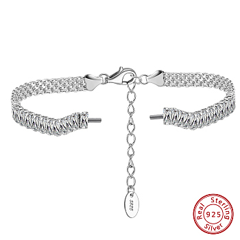 925 Sterling Silver Screwed Bracelets Making, with Clear Cubic Zirconia, Real Platinum Plated, 6-1/2x1/4 inch(16.5x0.5cm)
