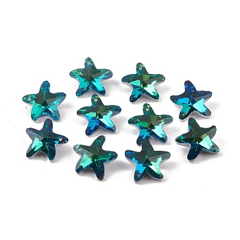 Electroplate Glass Pendants, Back Plated, Faceted, Starfish Charms, Green, 19.5x20.5x8.5~9mm, Hole: 1.4mm