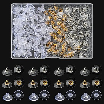 200Pcs 3 Style Brass & Plastic Ear Nuts, Clutch Earring Backs, for Stablizing Heavy Post Earrings, Platinum & Golden, 10~11x10~11x6~7mm, Hole: 0.8~1mm