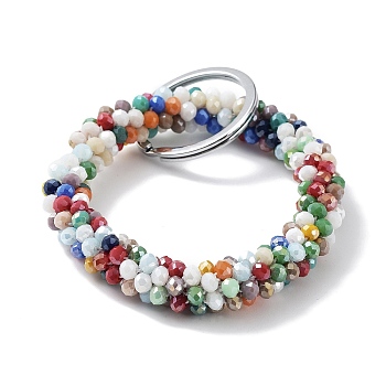 Glass Beaded Bracelet Wrist Keychain, with Iron Key Ring, Colorful, 9cm