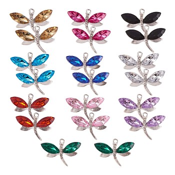 40Pcs 10 Colors Alloy Rhinestones Charms, Dragonfly, for Jewelry Making, Platinum, Mixed Color, 21x31mm, Hole: 2mm, 4pcs/color