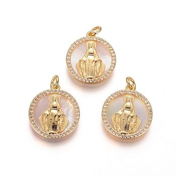 Brass Pendants, with Micro Pave Cubic Zirconia, Shell and Jump Rings, Flat Round with Virgin Mary, Clear, Golden, 18x16x3mm, Hole: 3mm