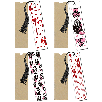 Halloween Theme Acrylic Bookmarks, with Polyester Tassel Decorations, Paper Bags, Mixed Color, Bookmark: 120x28mm, 4pcs/set