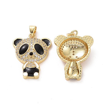 Brass Micro Pave Clear Cubic Zirconia Pendants, with Enamel, Panda Charms, Golden, Black & White, 26x20x5.5mm, Hole: 3.5x4mm