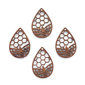 Natural Walnut Wood Pendants, Undyed, Hollow Teardrop Charm with Bees, Camel, 36.5x25x2.5mm, Hole: 2mm