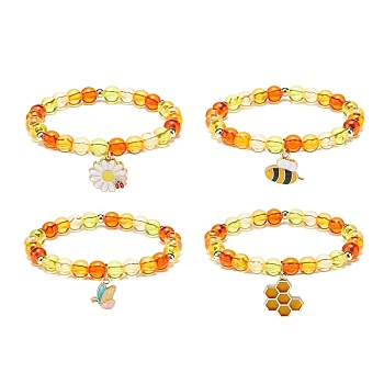 4Pcs 4 Style Acrylic Round Beaded Stretch Bracelets Set, Flower & Bee & Honeycomb & Butterfly Alloy Enamel Charms Stackable Bracelets for Women, Dodger Blue, Charm: 15~21x11~17x1.5~3mm, Inner Diameter: 2-1/4 inch(5.7cm), 1Pc/style