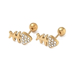 304 Stainless Steel Crystal Rhinestone Animal Cartilage Earrings, Real 18K Gold Plated, Fish, 11x8mm(SA-CBA1F7E-01G-09)